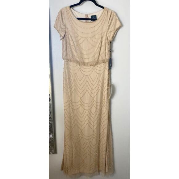 NWT ADRIANNA PAPELL DRESS 8 GOWN PETITE GOLD BEADED ART DECO BLOUSON LONG MAXI - Picture 1 of 16